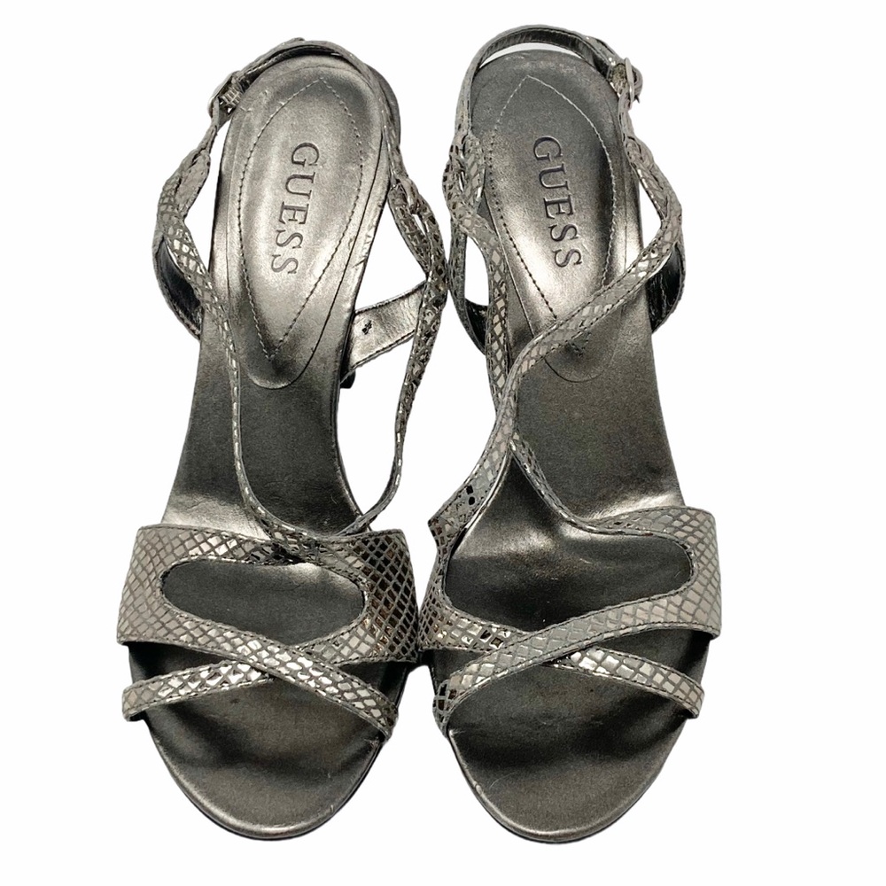 GUESS Pewter Snake Print Strappy Stilettos, EUC, 8
